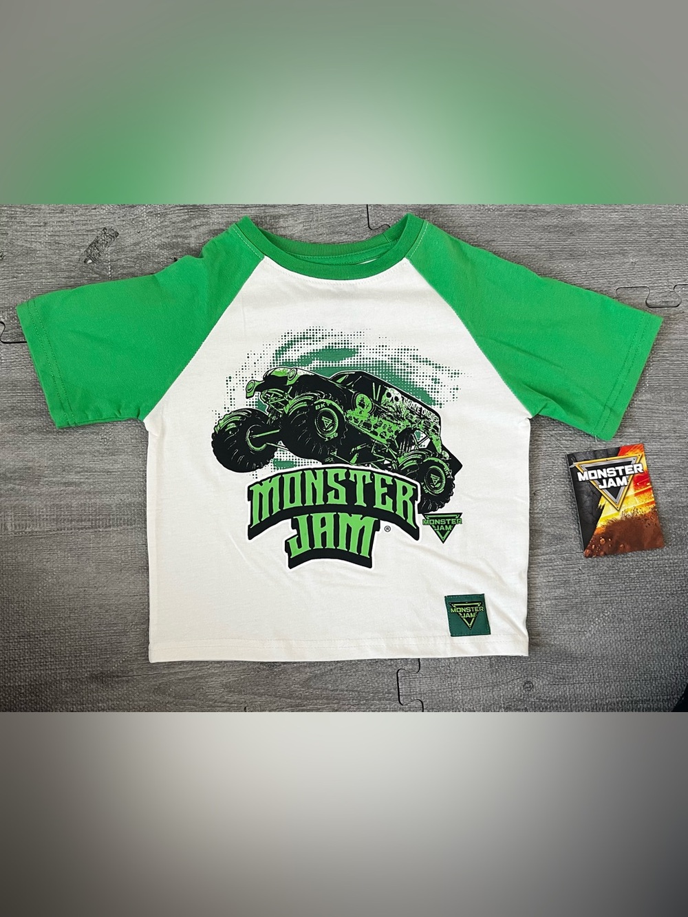Monster Jam Boys 4 White/Green Graphic Logo Crew Neck Tagless Raglan T-Shirt